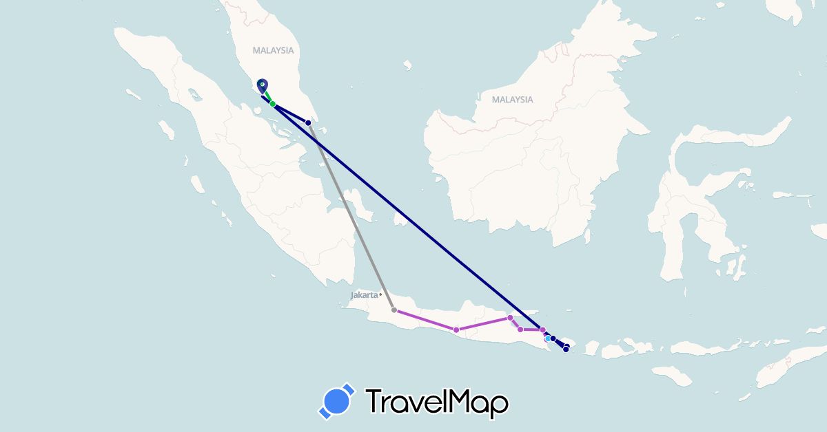 TravelMap itinerary: driving, bus, plane, train, boat in Indonesia, Malaysia, Singapore (Asia)